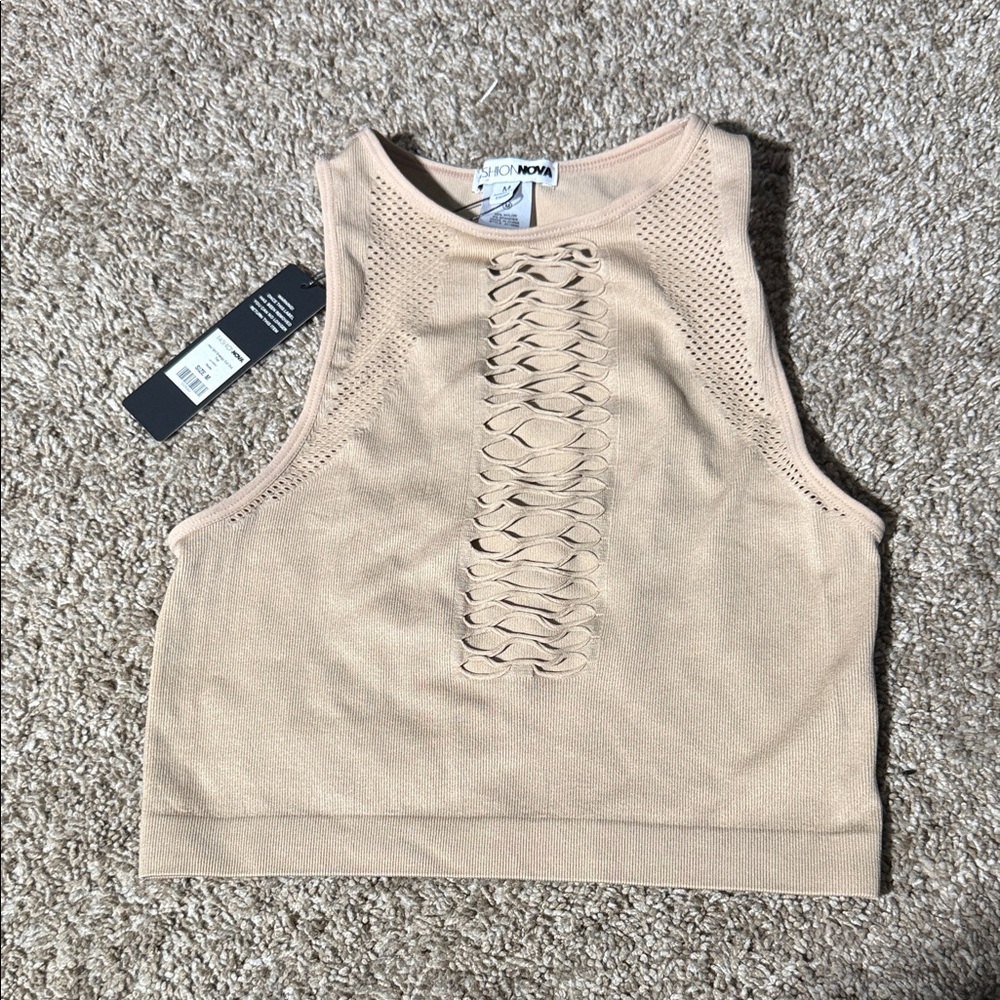 Fashion Nova Tan Cropped Shirt/Sports Bra Size Medium